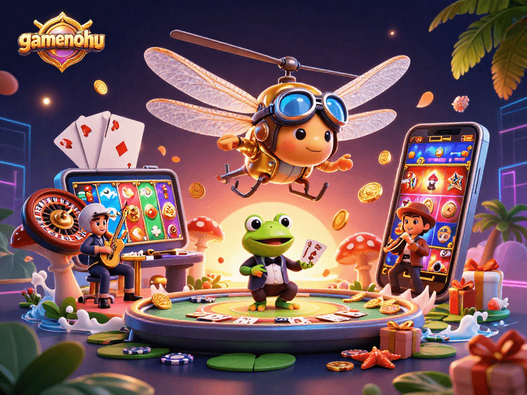 Join the excitement with gamenohu at a vibrant lily pad casino featuring a diving dragonfly pilot.