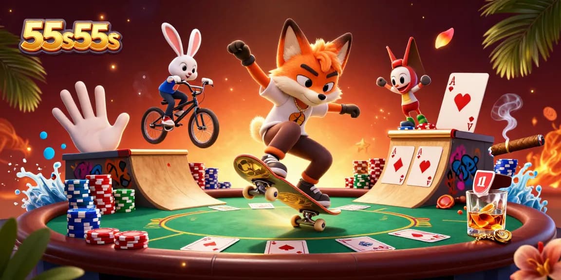 Engage with 55s55s as a cartoon fox performs tricks atop poker chips, embodying casino excitement.