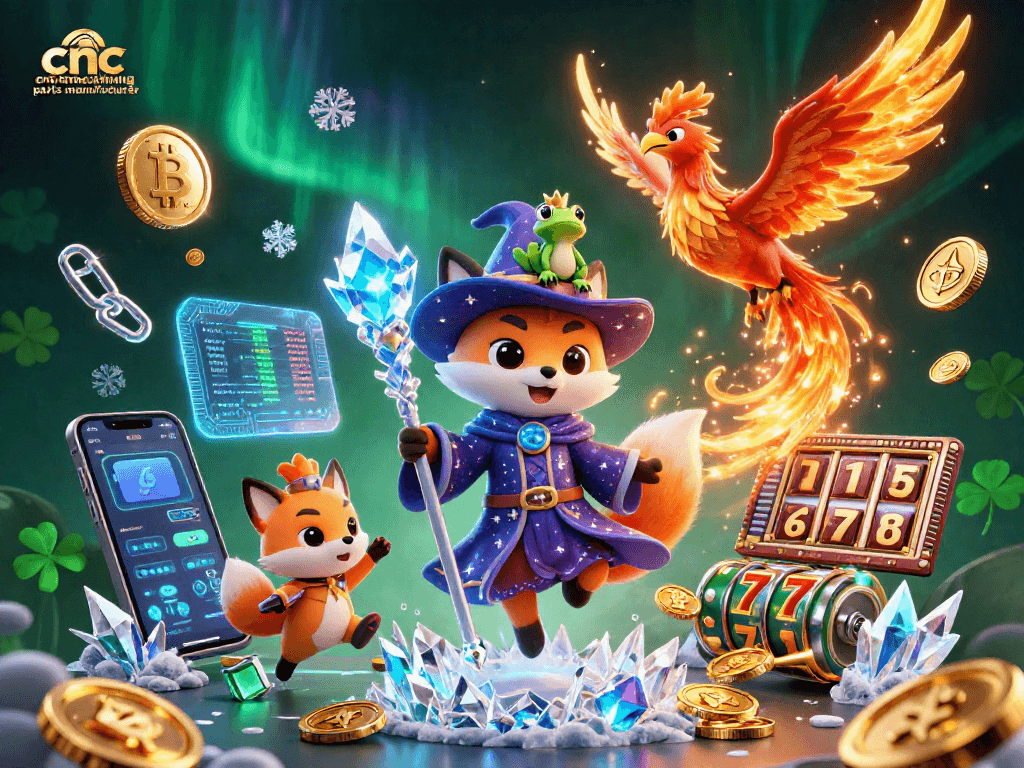 CNC machining parts manufacturer presents a captivating casino scene with a mystical wizard, phoenix, and engaging slots elements