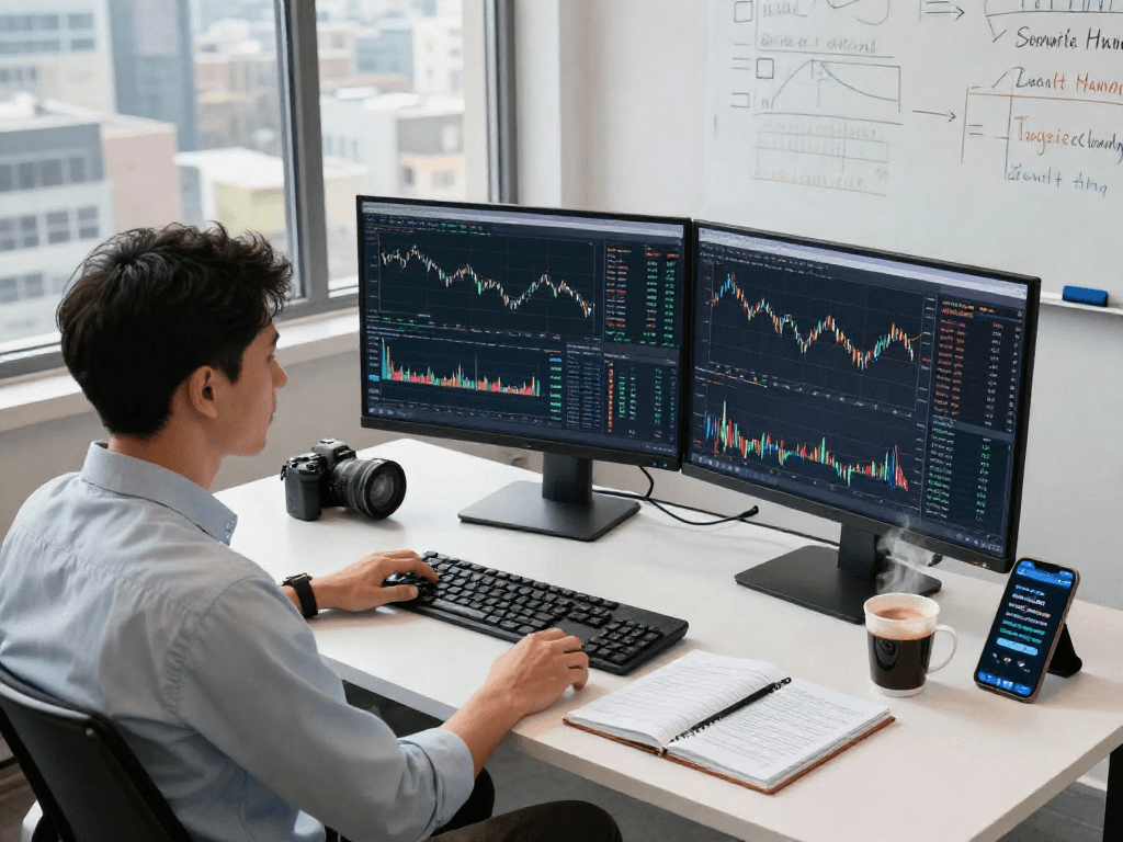 Trader using metatrader 5 on dual screens with market analytics and charts in a modern workspace
