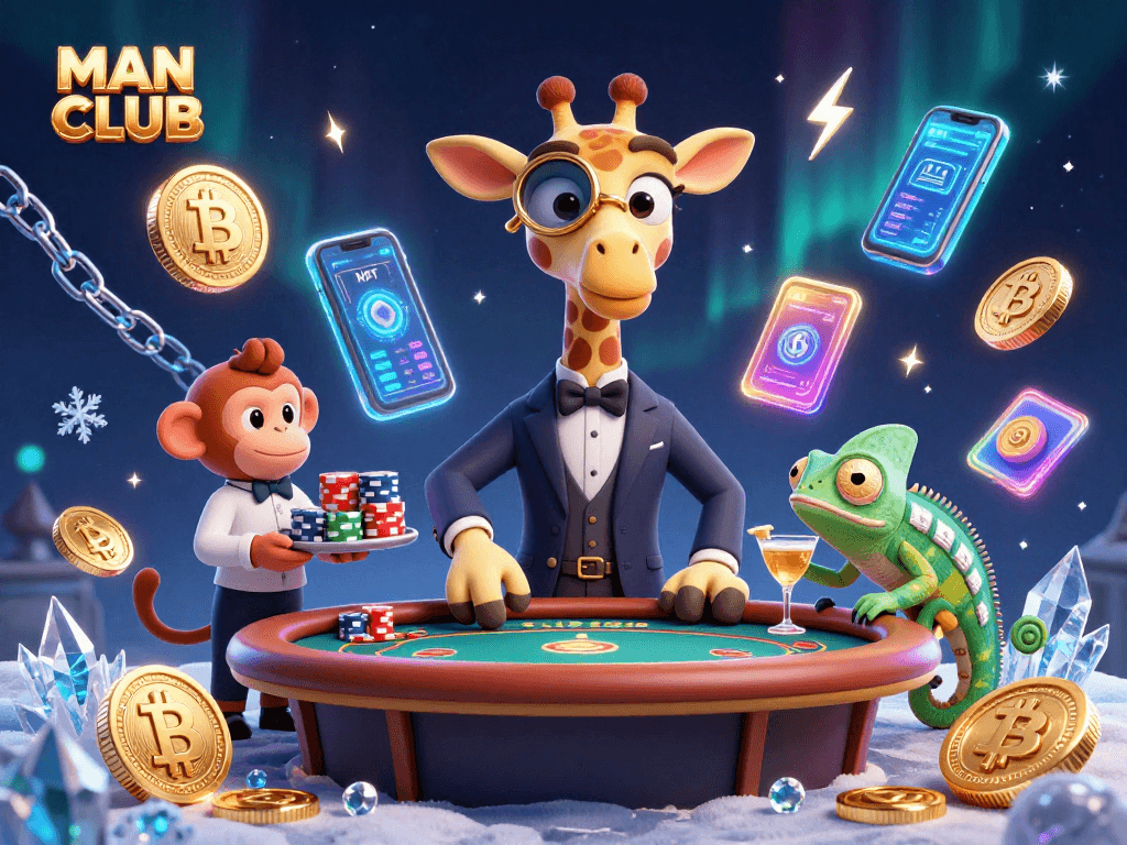 Play exciting poker at MAN CLUB with a high-roller giraffe, monkey valet, and fantastic crypto elements.