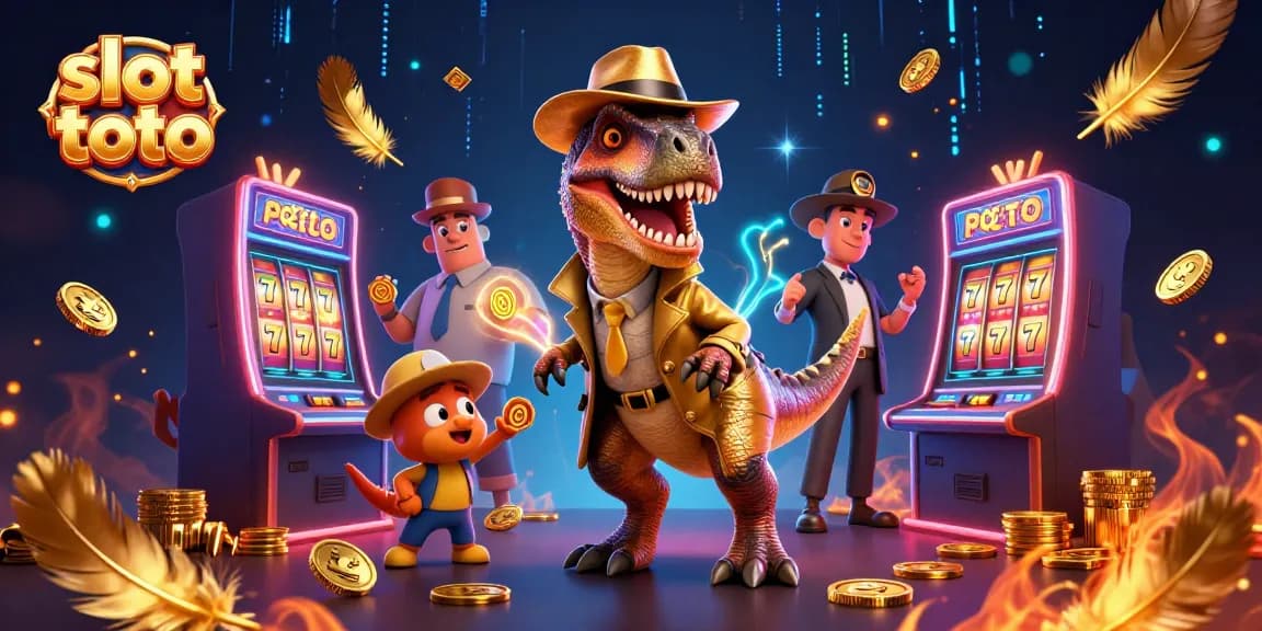 Spin the slot toto machine in a vibrant casino scene with playful dinosaur characters.
