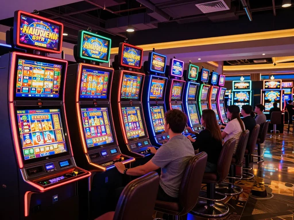 Players enjoying thrilling slot games amidst colorful machines at a vibrant casino.