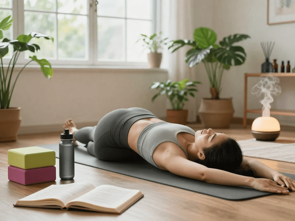 Motchill yoga practice in a bright home, creating a serene atmosphere with plants and wellness props.