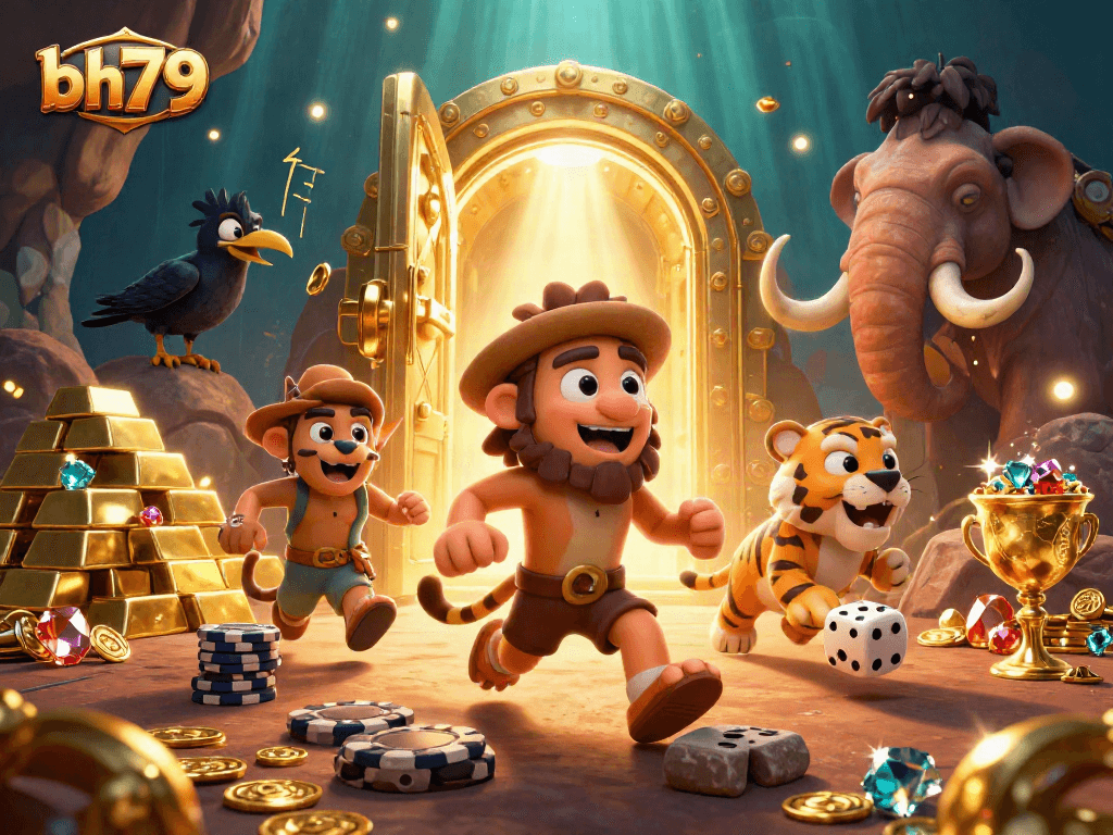 Experience the thrill of bh79 with a vibrant prehistoric casino scene featuring cavemen and treasures galore.