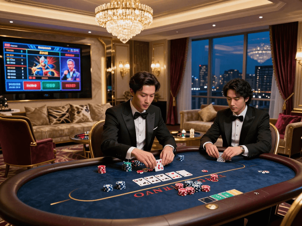 Pengalaman bermain luxury12 di kasino online mewah dengan kartu dan chip poker di meja.