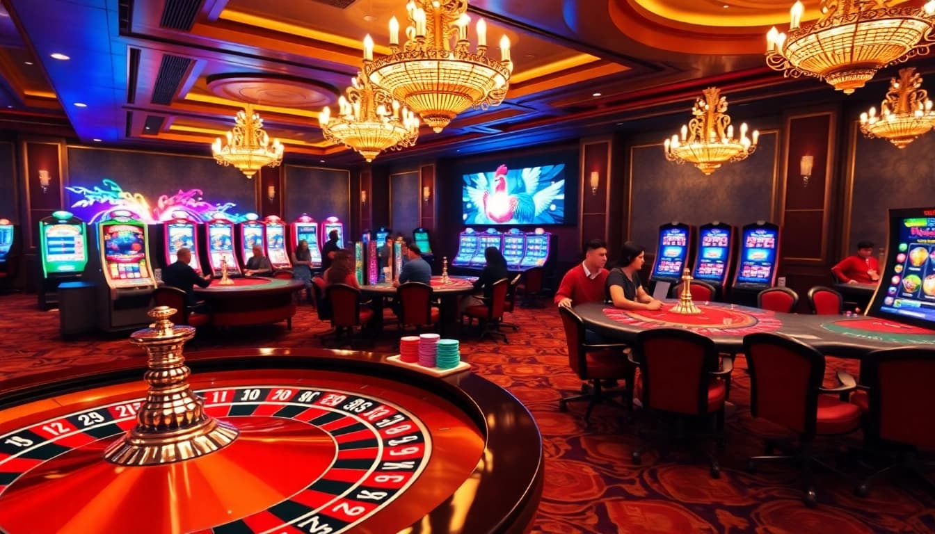 Exciting virtual gambling scene featuring đá gà 6789 net, with players at roulette and slot machines celebrating wins.