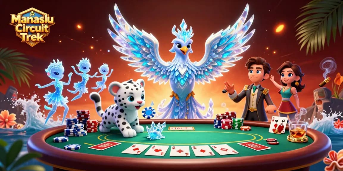 The Manaslu Circuit Trek highlights a vibrant scene with an ice phoenix and playful characters exploring a dynamic poker scene.