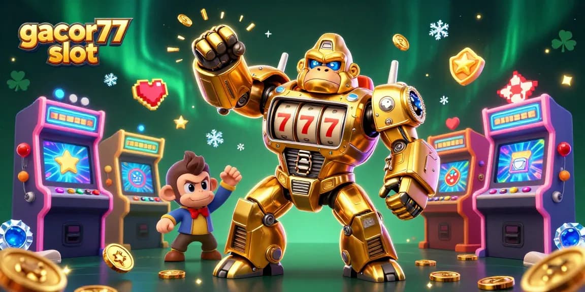 Menangkan permainan gacor77 slot dengan karakter gorila emas 3D dan elemen mesin slot menarik.