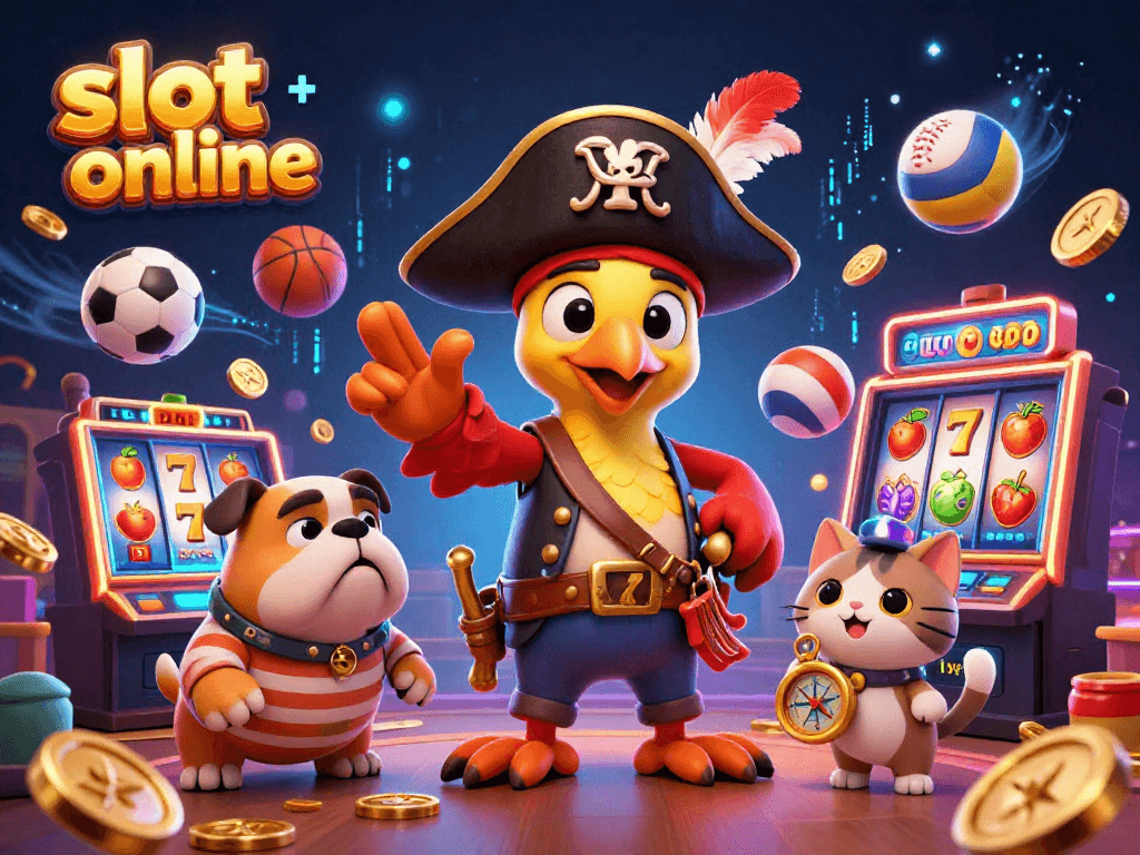 Engage with exciting slot online games alongside animated characters in a dynamic casino scene filled with excitement.