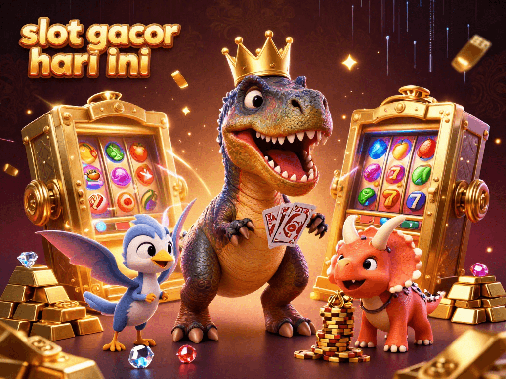 Experience slot gacor hari ini with vibrant creatures and casino elements in this lively 3D illustration.