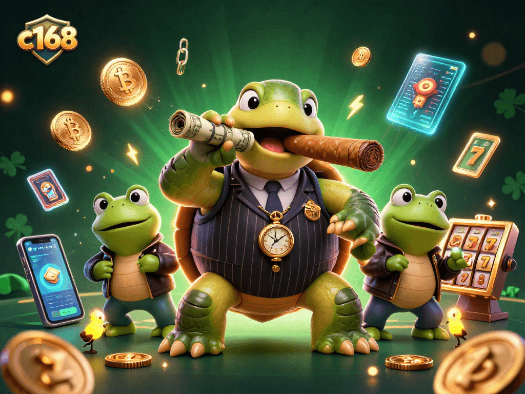 Experience the vibrant energy of c168 with a mobster turtle and bullfrog enforcers in a lively casino scene featuring slots and crypto.