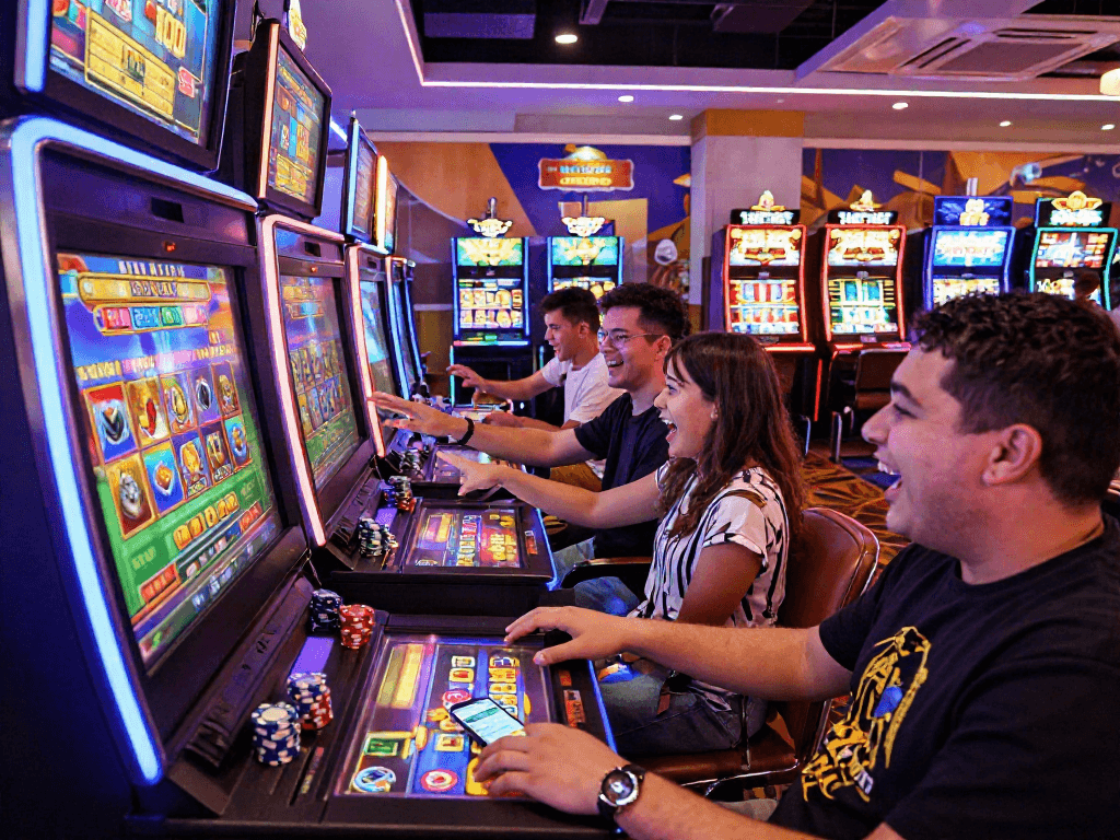 Engaging online casino scene with players enjoying slot bonus new member 100, neon lights, and vibrant graphics.