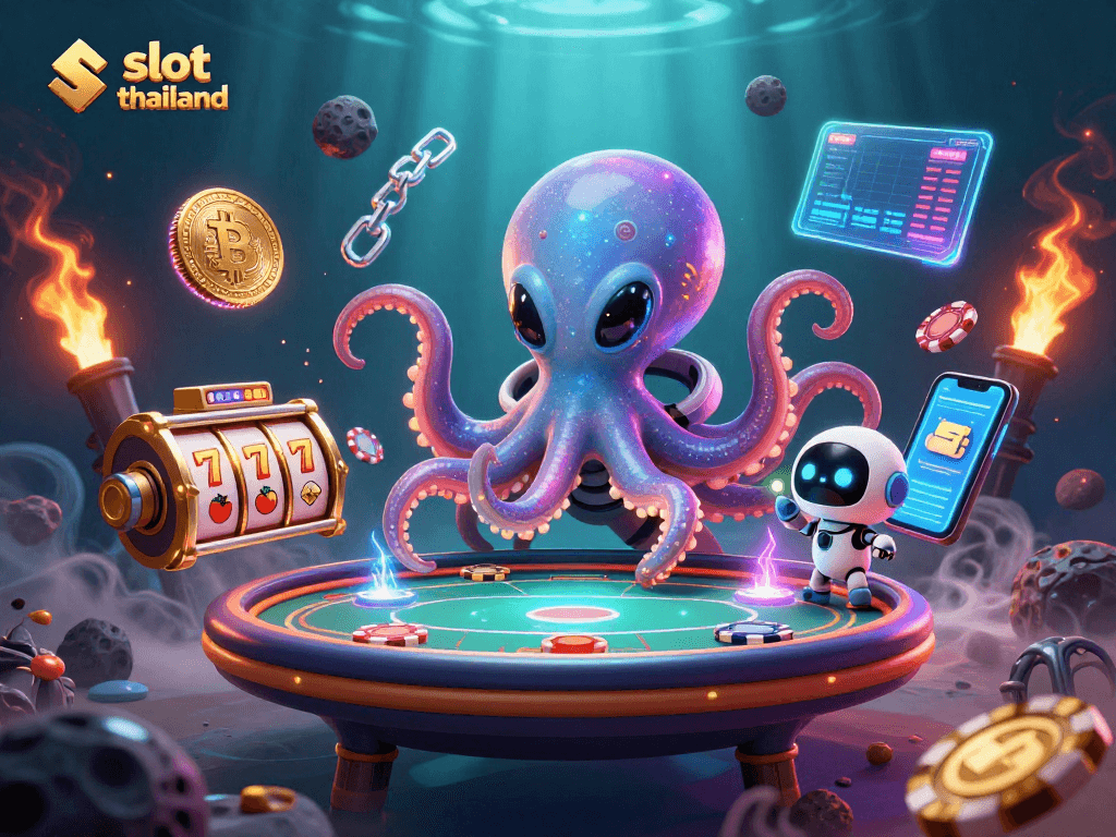 Engage in thrilling gameplay at slot thailand with alien octopus and holographic poker in a vibrant casino scene.