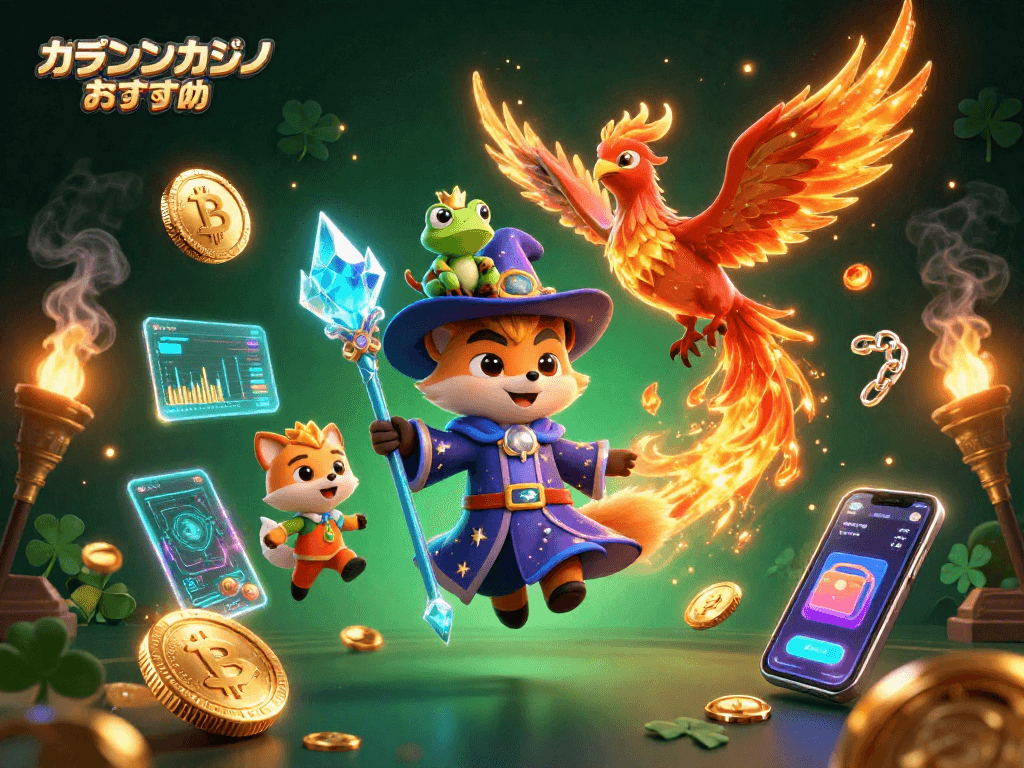 オンラインカジノ おすすめの魔法使いのキツネと神器のホログラムを運ぶ炎のフェニックスのイラスト