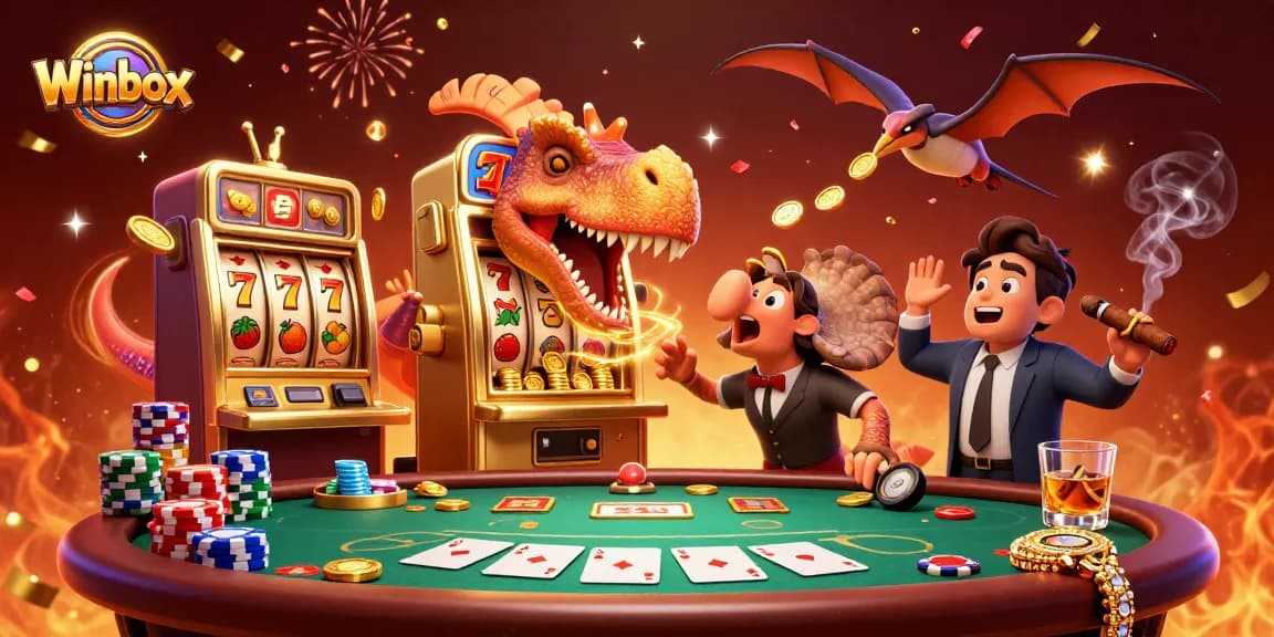 Winbox jackpot scene with a dinosaur hitting a slot machine for winning coins, colorful poker elements.