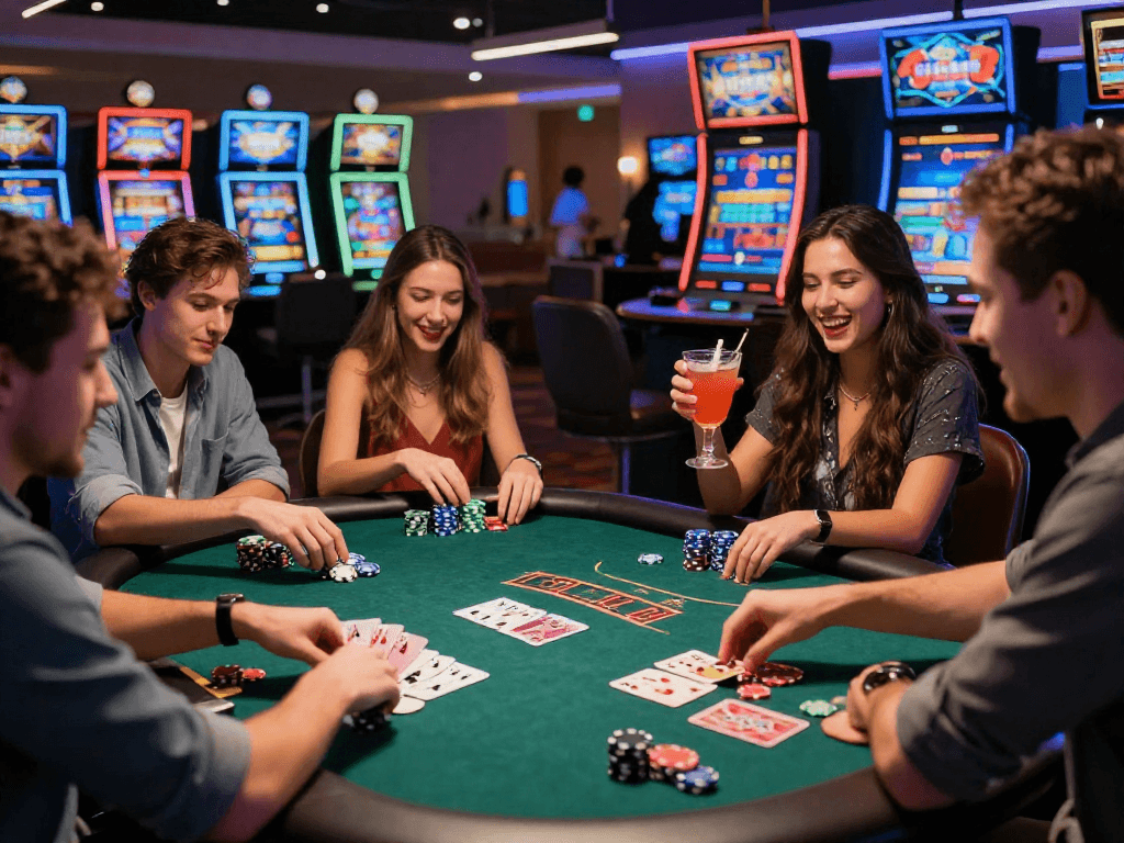 Exciting gambling scene with friends enjoying oxbet poker game in a vibrant casino atmosphere.