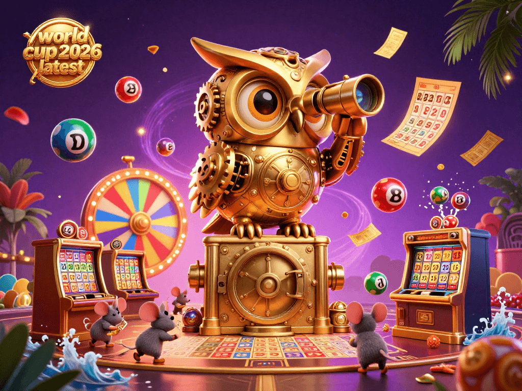 Experience the thrill of world cup 2026 latest with this dynamic casino scene featuring an owl and lively game elements.
