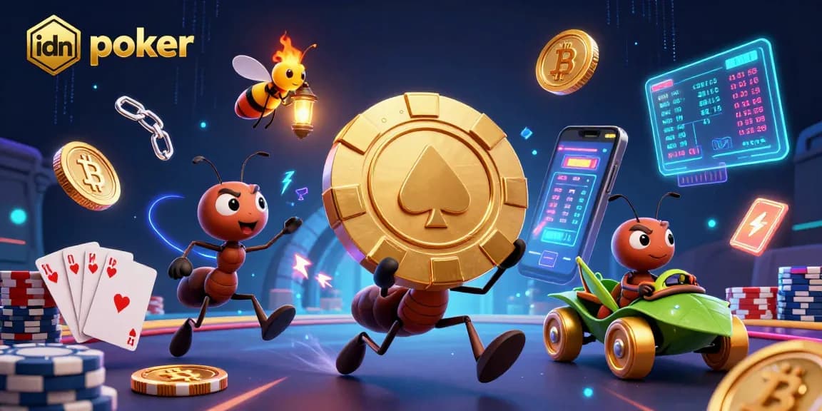 Engage in thrilling idn poker tournaments with dynamic cartoon ants amidst glowing gaming elements