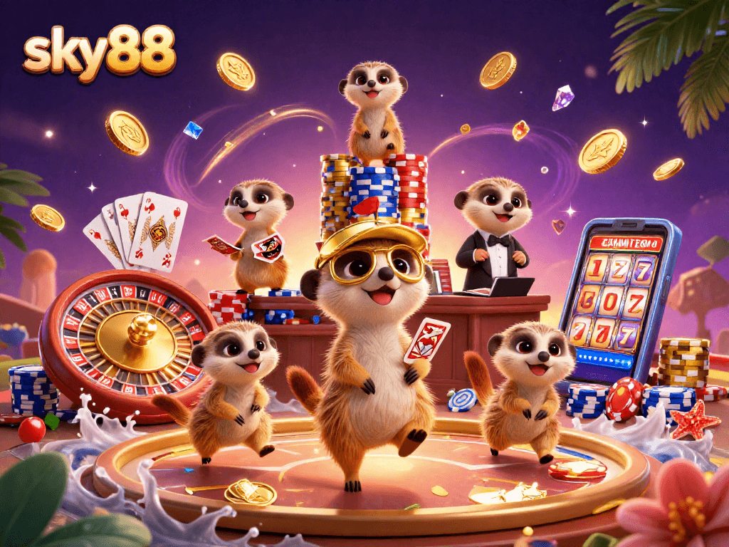 Experience the excitement of sky88 with meerkats running a dynamic casino scene featuring vibrant games and energy.