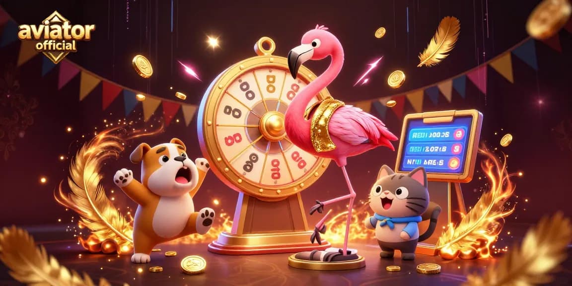 Aviator official game illustration featuring a flamingo host, bulldog contestant, and cat assistant amid gold coins.