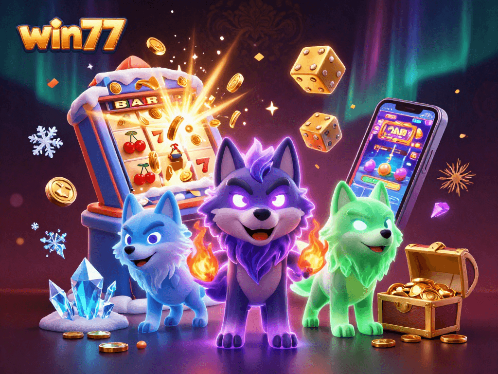 Memenangkan jackpot dengan win77 di mesin slot kaya simbol keberuntungan dan permainan kasino.