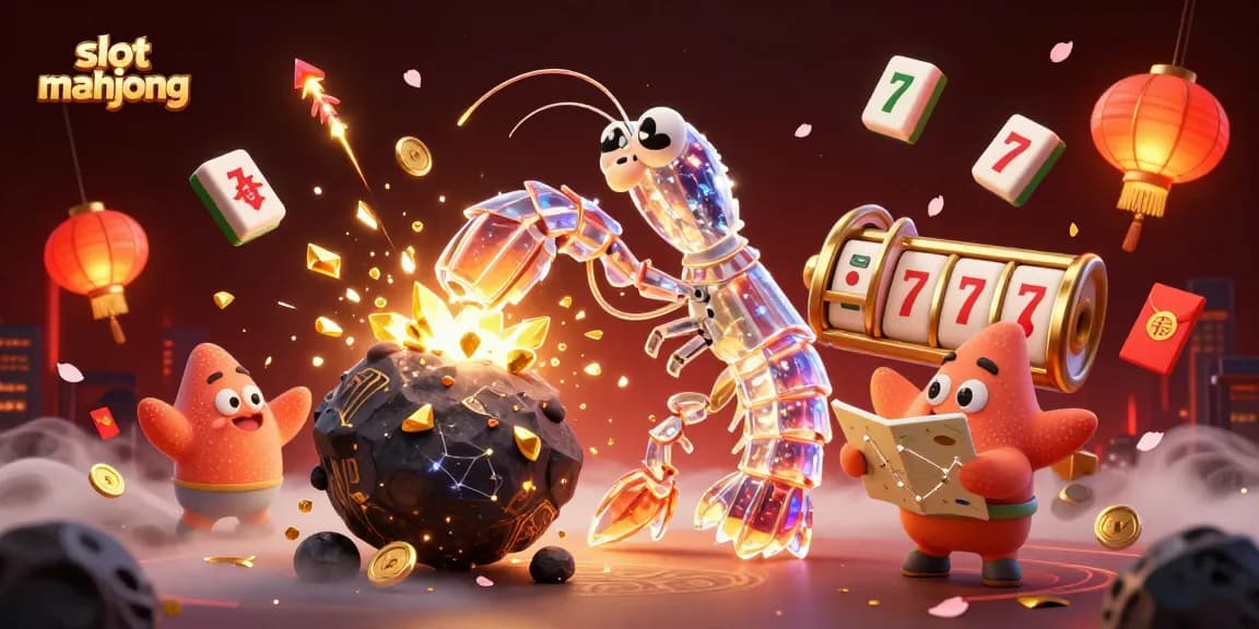 Engage in slot mahjong with vibrant 3D characters battling an asteroid in a dynamic casino landscape.