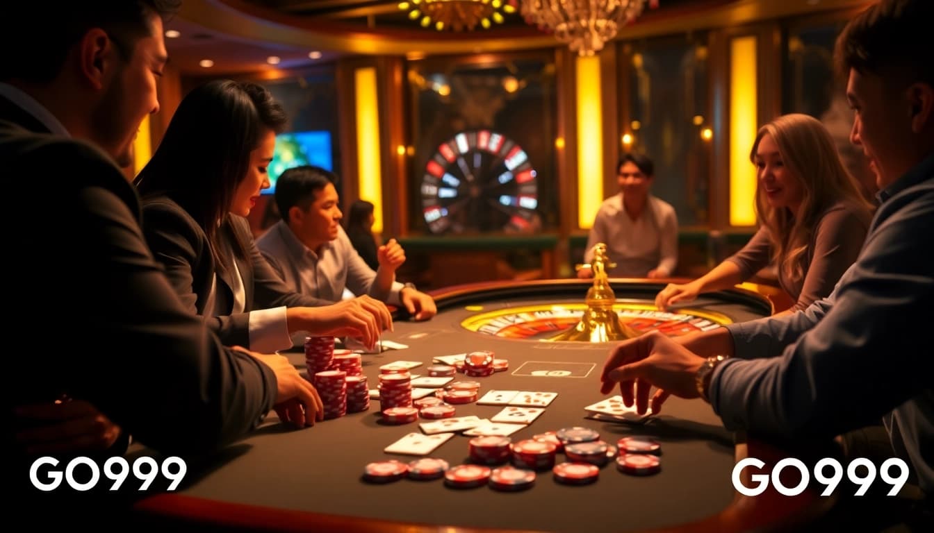 Players enjoying high-stakes games at a luxurious GO99 casino table with vibrant chips.