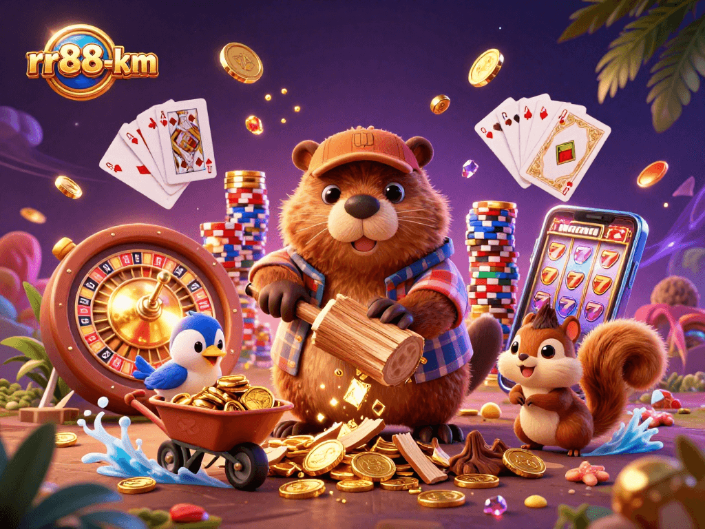 Experience gaming excitement with rr88-km as characters win treasures in a vibrant casino scene.