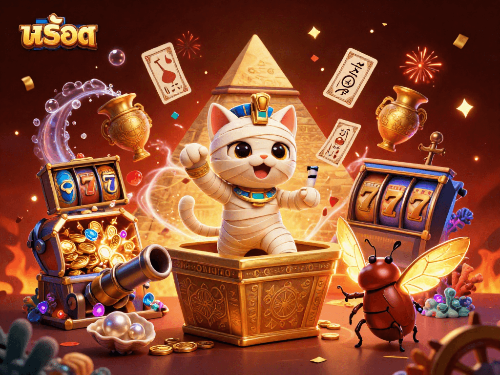 Engage with สล็อต gaming through a vibrant 3D scene filled with Egyptian casino elements and exciting treasures.
