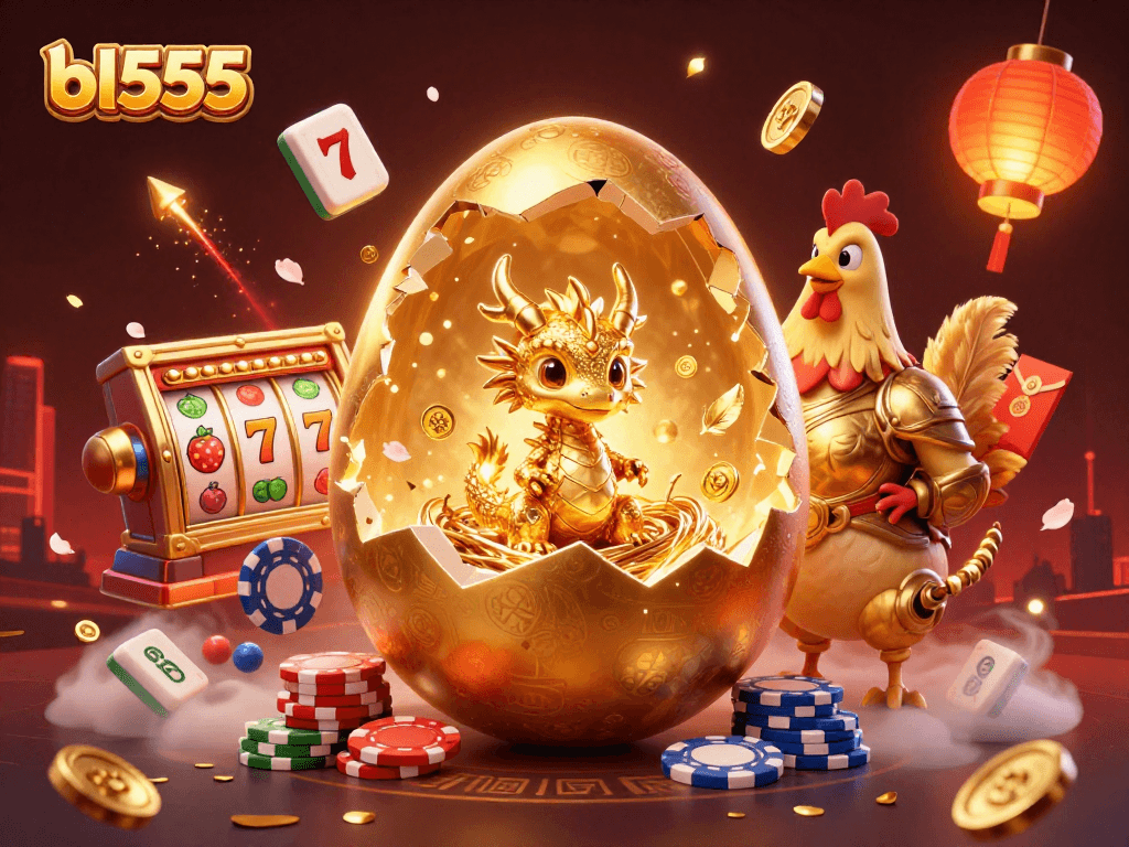 Experience the thrill of winning at bl555 with our vibrant 3D casino scene featuring golden dragons and slot reels.