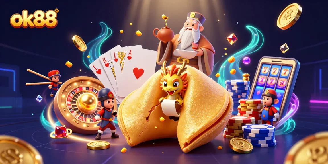 Experience thrilling casino action with ok88's vibrant 3D illustration showcasing a golden fortune cookie and a wise dragon.