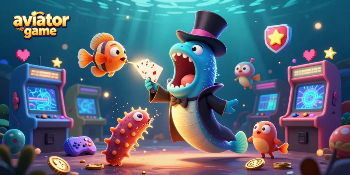 Experience the thrilling aviator game with a vibrant 3D underwater casino scene featuring animated characters.