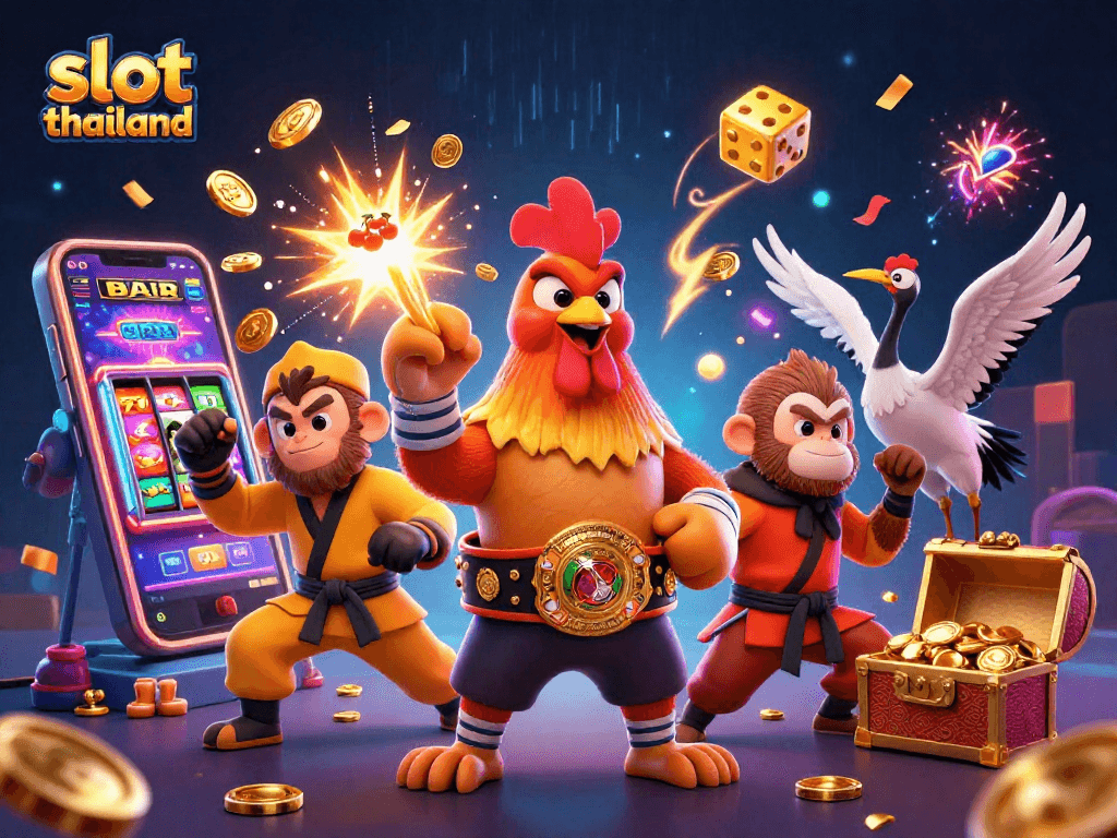 Experience the excitement of slot thailand with a dynamic 3D illustration featuring unique characters and jackpot elements.