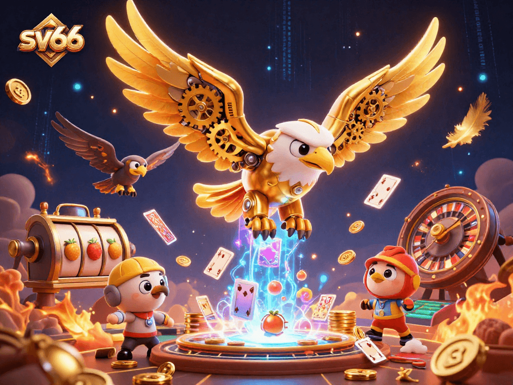sv66 offers immersive gaming with a cybernetic eagle amidst vibrant casino visuals.