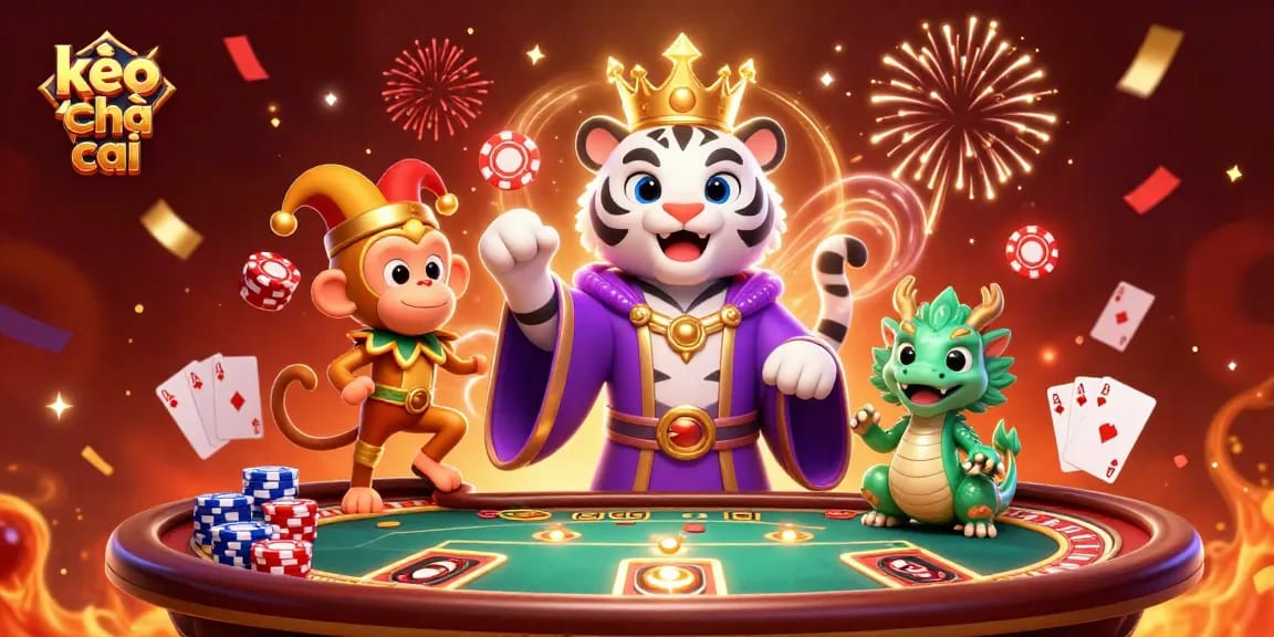 Experience the excitement of kèo nhà cái with a lively scene featuring poker elements and vibrant characters.