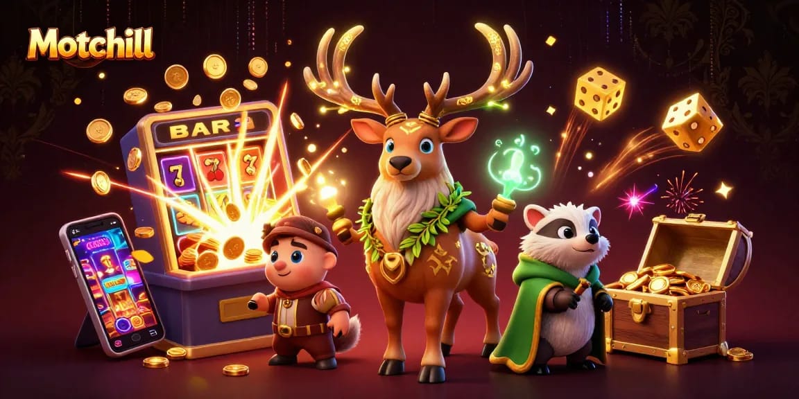 Experience the excitement of Motchill with an animated jackpot bursting with coins.
