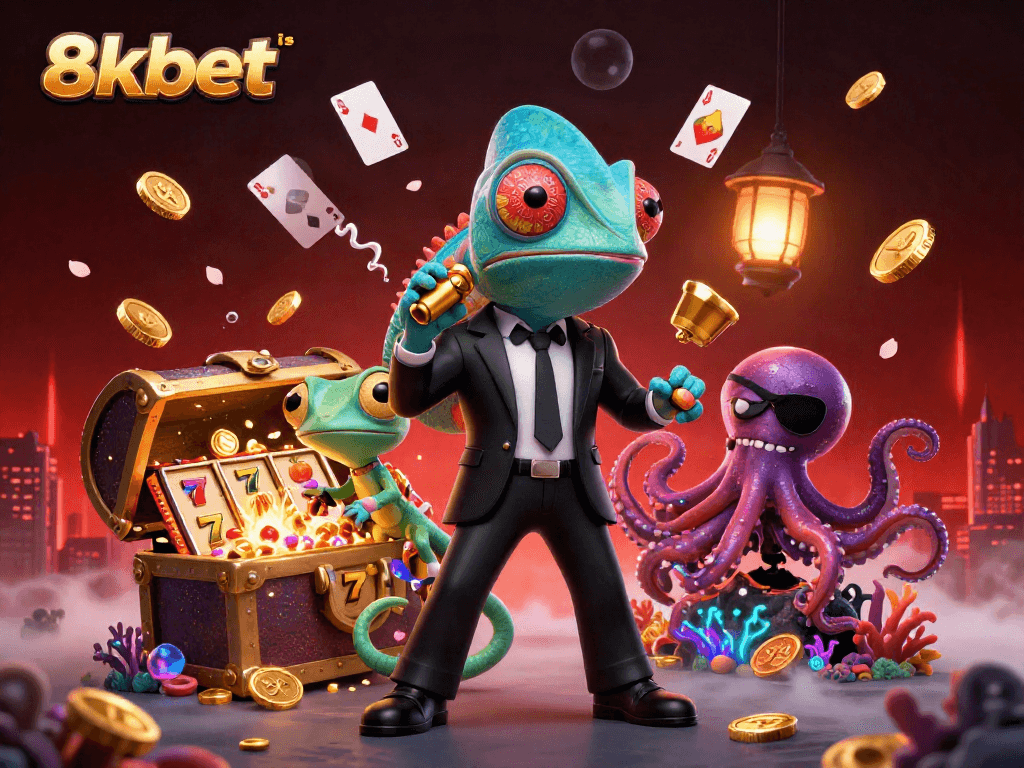 Engage in thrilling gameplay with 8xbet ios, featuring a dynamic 3D scene of a chameleon, gecko, and octopus around vibrant casino elements.