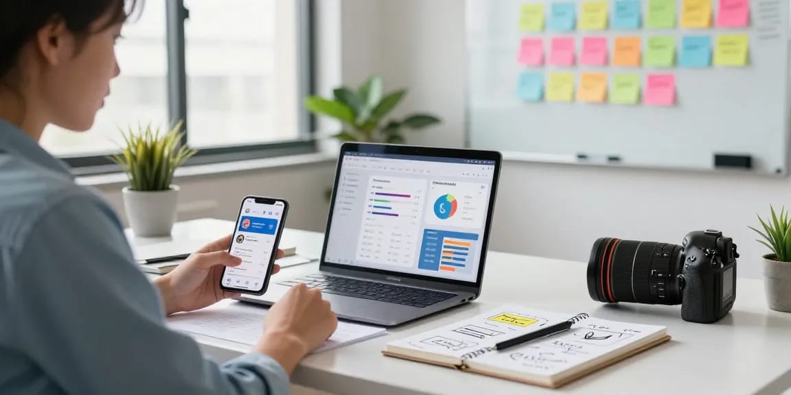Buy app install strategies showcased in a vibrant digital marketing workspace with charts and smartphone analytics.