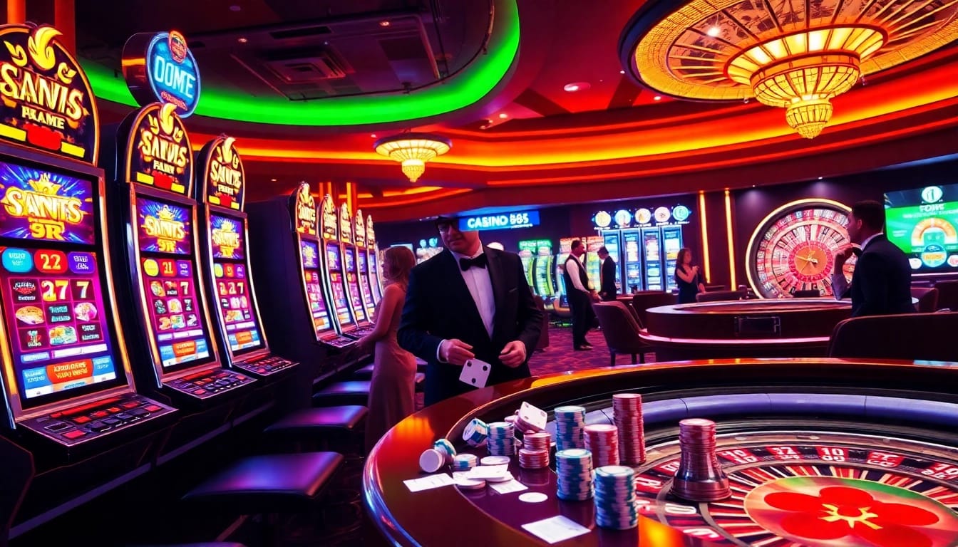 Experience the excitement of situs bangsawan88 with vibrant casino scenes filled with slot machines and spirited players.