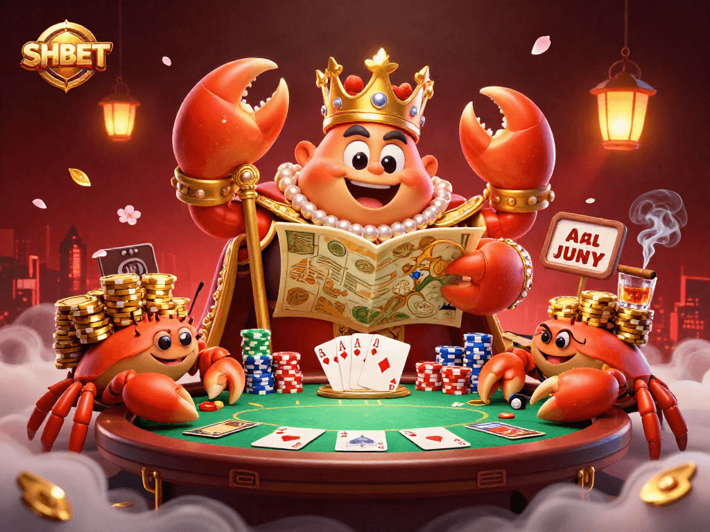 SHBET showcases a 3D golden crab emperor at a poker table, surrounded by hermit crabs and colorful chips.