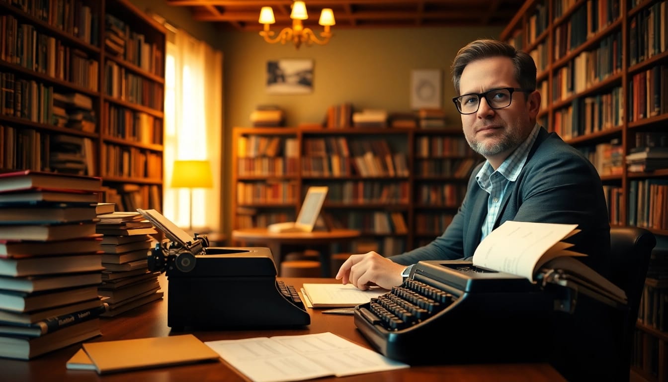 Author concentrated on writing at a vintage typewriter in a cozy library