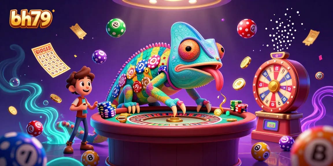 bh79 casino scene with a colorful chameleon owner capturing golden coins amid vibrant game elements.