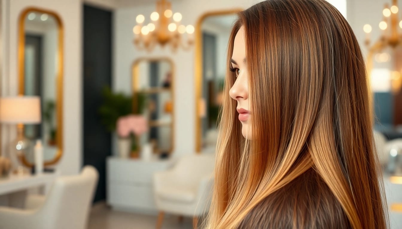 Showcase of genius weft hair extensions blending seamlessly in a chic salon setting.