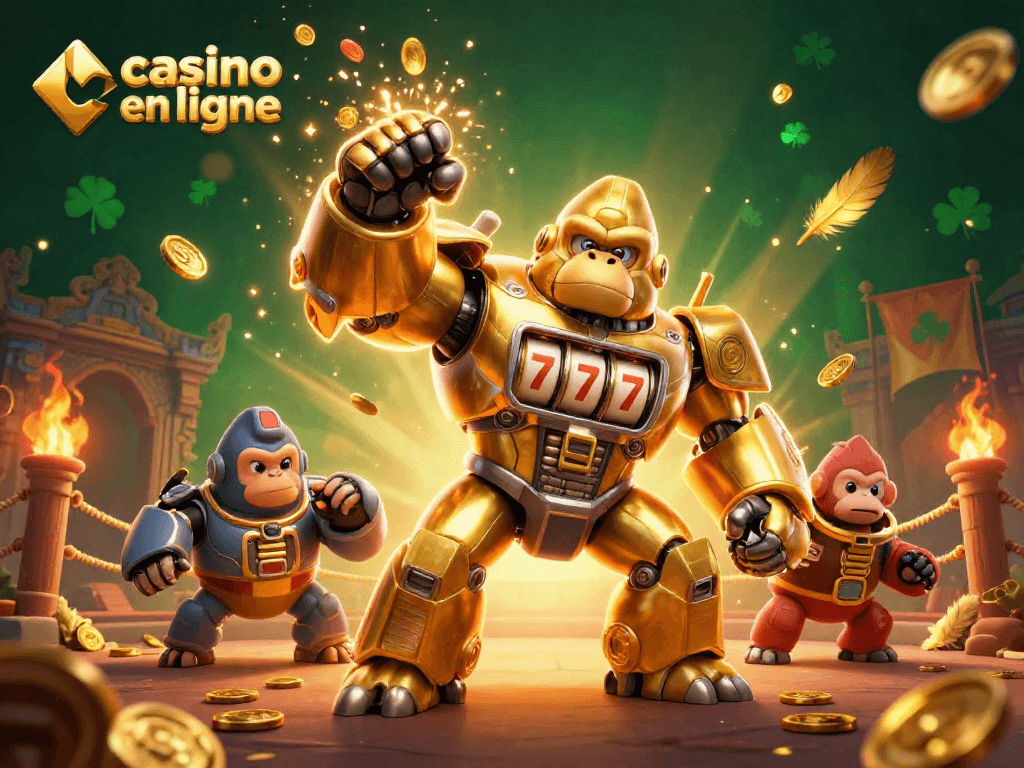 Jouez au casino en ligne avec un gorille mech doré en pleine action, entouré de gains.