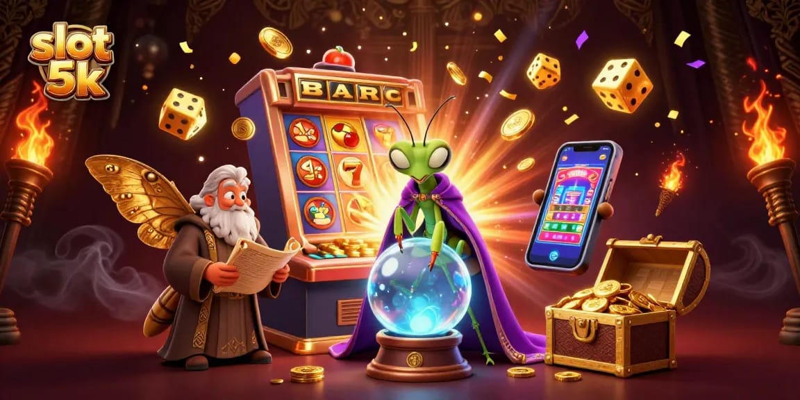 Engage with slot 5k action in a vibrant casino scene featuring fortune teller and lively game elements.