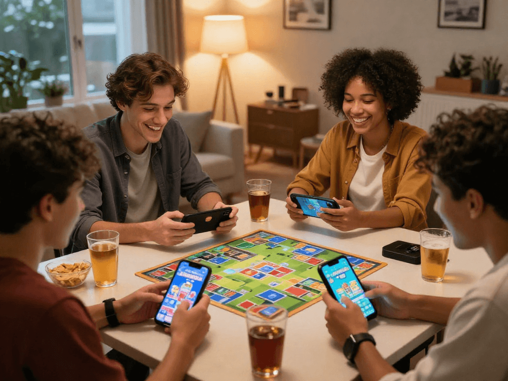 Players enjoying Rumble Rummy on mobile devices in a lively living room atmosphere.