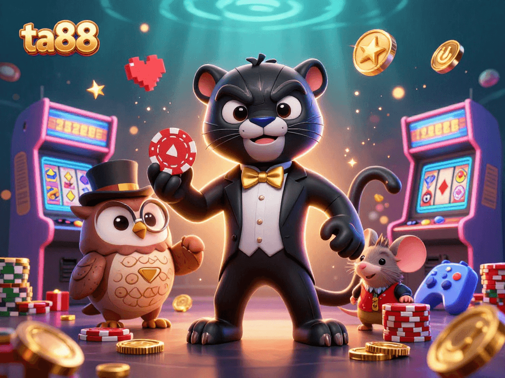 Play exciting slots with ta88 as the panther deals reels and poker chips in a vibrant 3D scene.