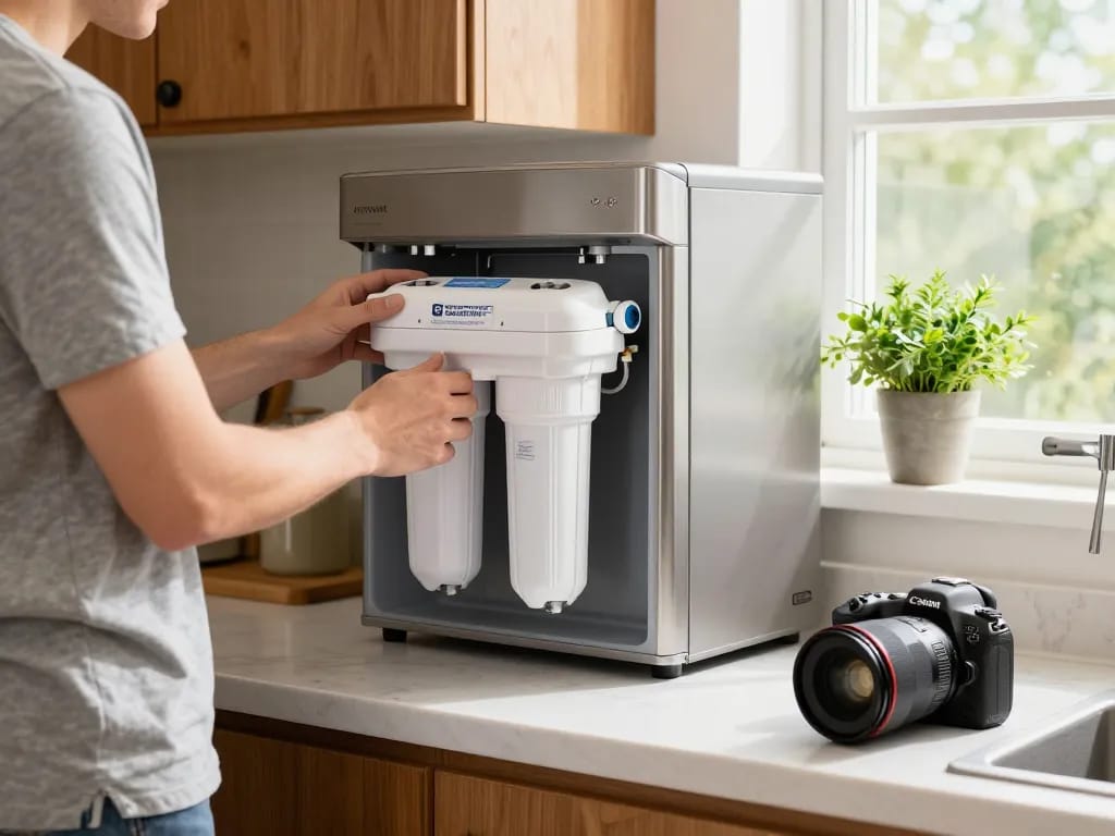 Replacing Waterspecialist Replacement for GE® RPWFE® filter in modern kitchen