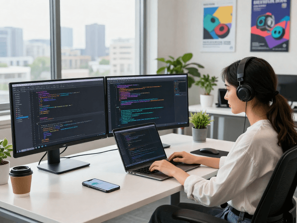 Ambiente de trabajo moderno mostrando a una desarrolladora de software enfocada en el código de Immediate Edge en su laptop.